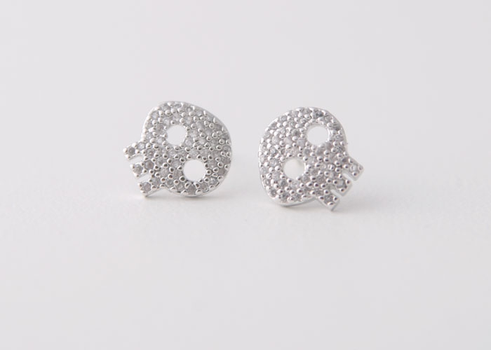 ... CRYSTALS WHITE GOLD SKULL STUD EARRINGS silver post skull jewelry
